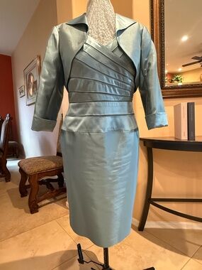 Adrianna Papell Elegant Teal Blue Silk Sheath Dress and Matching Bolero Jacket